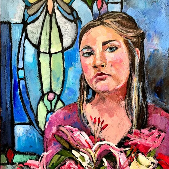 Girl in front of stainedglass window