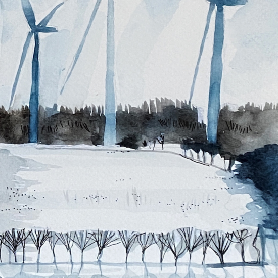 3 wind turbines in the snow