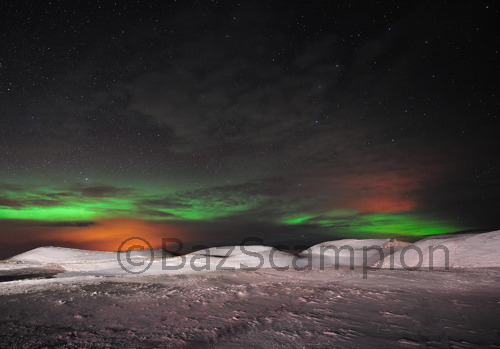 Aurora Borealis wit Psuedo craters, Lake Myvatyn,Iceland.