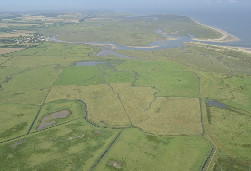 Aerial view of Scolt Head Island with Burnham Overy harbour and the Holkham freshmarshes in the forground.
