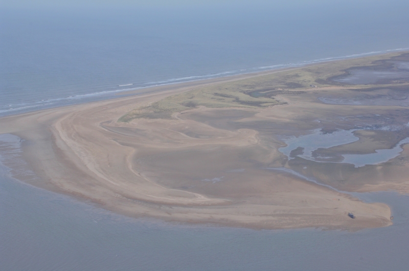 Aerial view of Scolt Head Island with dead Sperm Whale on Far Point Nov 2006