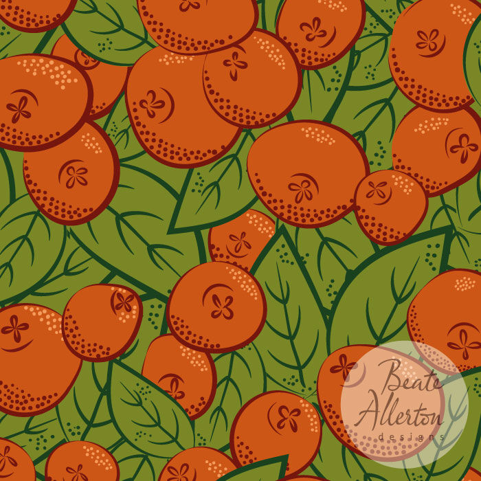 Bright scattered oranges and overlapping green leaves seamless pattern available for product licensing