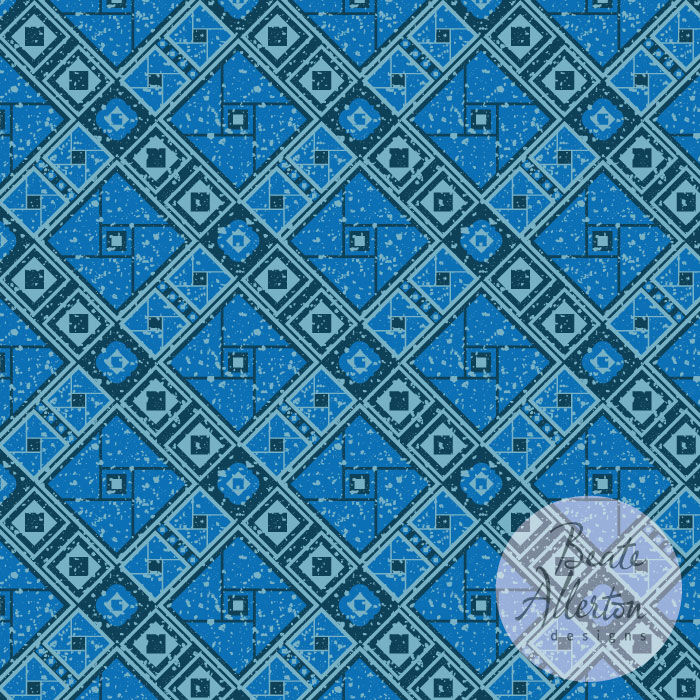 Intricate diagonal blue geometric tile seamless pattern inspired by Alhambra Moorish art work, exclusive licence design