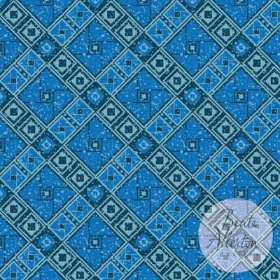 Intricate diagonal blue geometric tile seamless pattern inspired by Alhambra Moorish art work, exclusive licence design