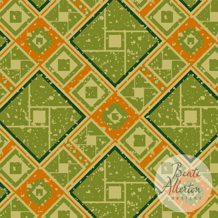 Intricate diagonal green orange geometric tile seamless pattern inspired by Moorish art work, exclusive licence design