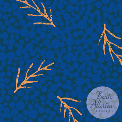 Orange textured sprigs and twigs loosely scattered on blue bubble textured background