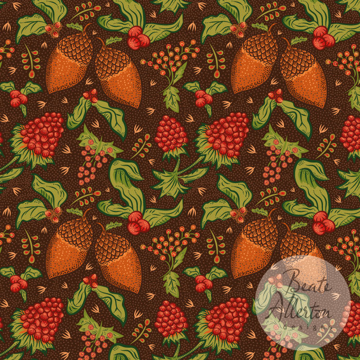 Red, green, brown, orange acorns, berries and leaves elegant vintage style seamless vector pattern for ex
