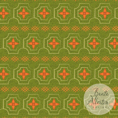 Medieval tile geometric seamless vector pattern, in bright orange green. Available for exclusive licensing