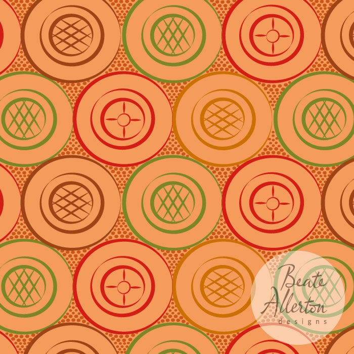 Orange red green mix of circles in a dense geometric seamless vector pattern. Available for exclusive licensing