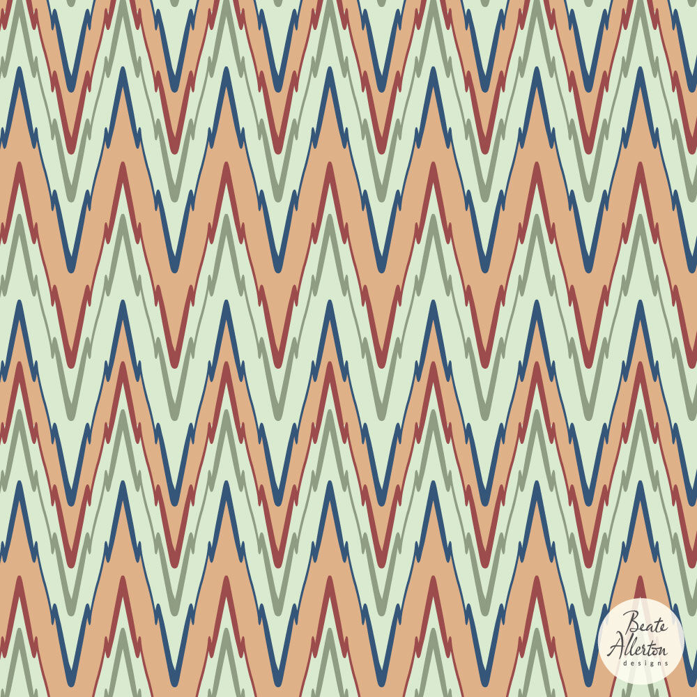 Bright vintage retro flamestitch chevron geometric seamless vector zigzag pattern in blue, orange available for licensing