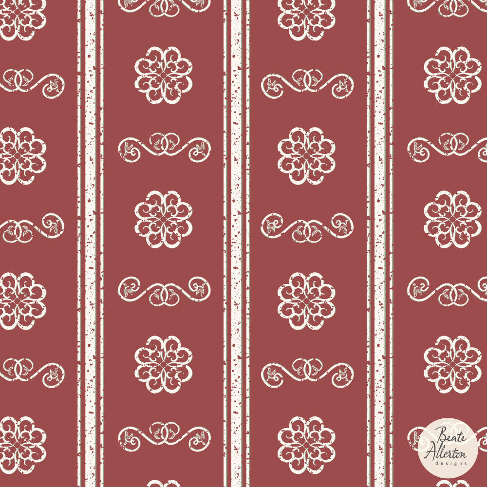 Vertical white red ornamental stripes and florals historical vintage style seamless pattern available for exclusive licensing