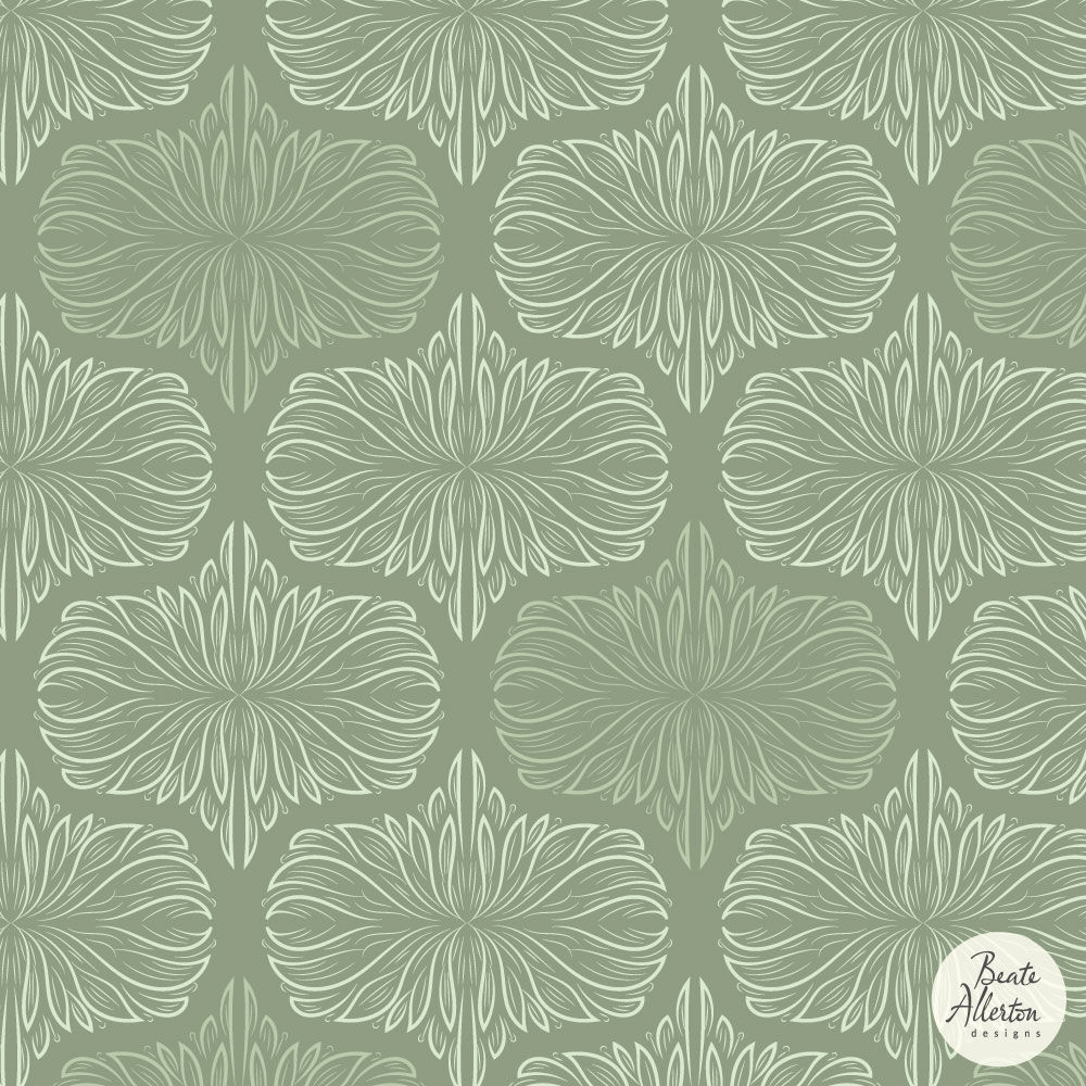 Elegant historical vintage ogee damask hand-drawn green white seamless pattern available for exclusive licensing