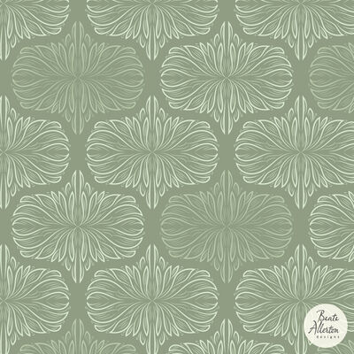 Elegant historical vintage ogee damask hand-drawn green white seamless pattern available for exclusive licensing