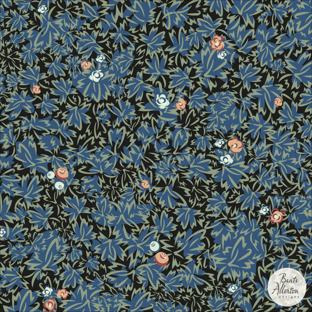 Textural floral and foliage overlapping flowers and leaves seamless pattern design with vintage vibe. Available for art licensing