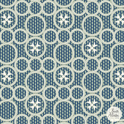 Blue cross trellis style roundel seamless pattern, intricate textured repeat design for exclusive licensing