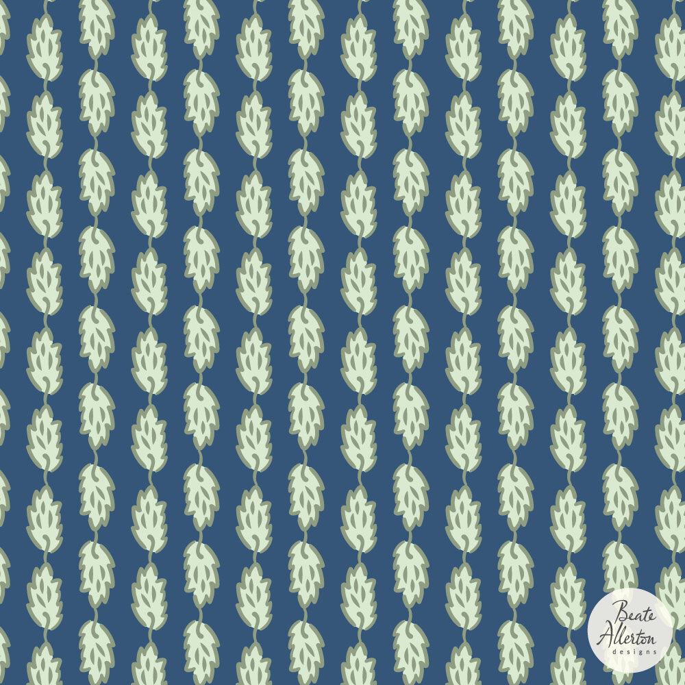 Simple  leaf seamless vector pattern, narrow rows. Hand-drawn blue white green botanical leaves in  vertical layout.