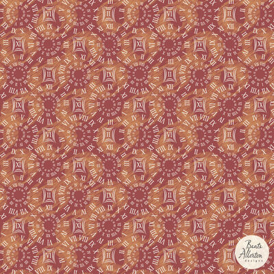 Elegant abstract clock with roman numerals in orange and red, seamless pattern for exclusive licensing, vintage style