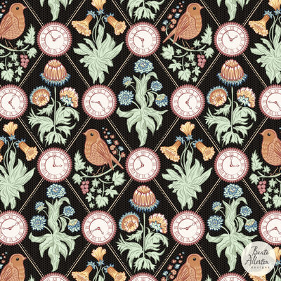Elegant geometric trellis seamless vector pattern. Beautiful robins, flowers and clocks vintage design for art licensing
