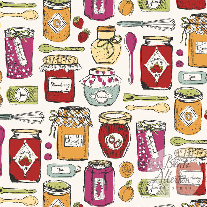 Varied mix of jam jars, soft fruit, whisks and labels seamless vector conversational pattern available for licensing