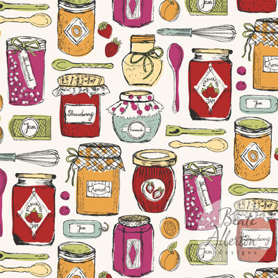 Varied mix of jam jars, soft fruit, whisks and labels seamless vector conversational pattern available for licensing