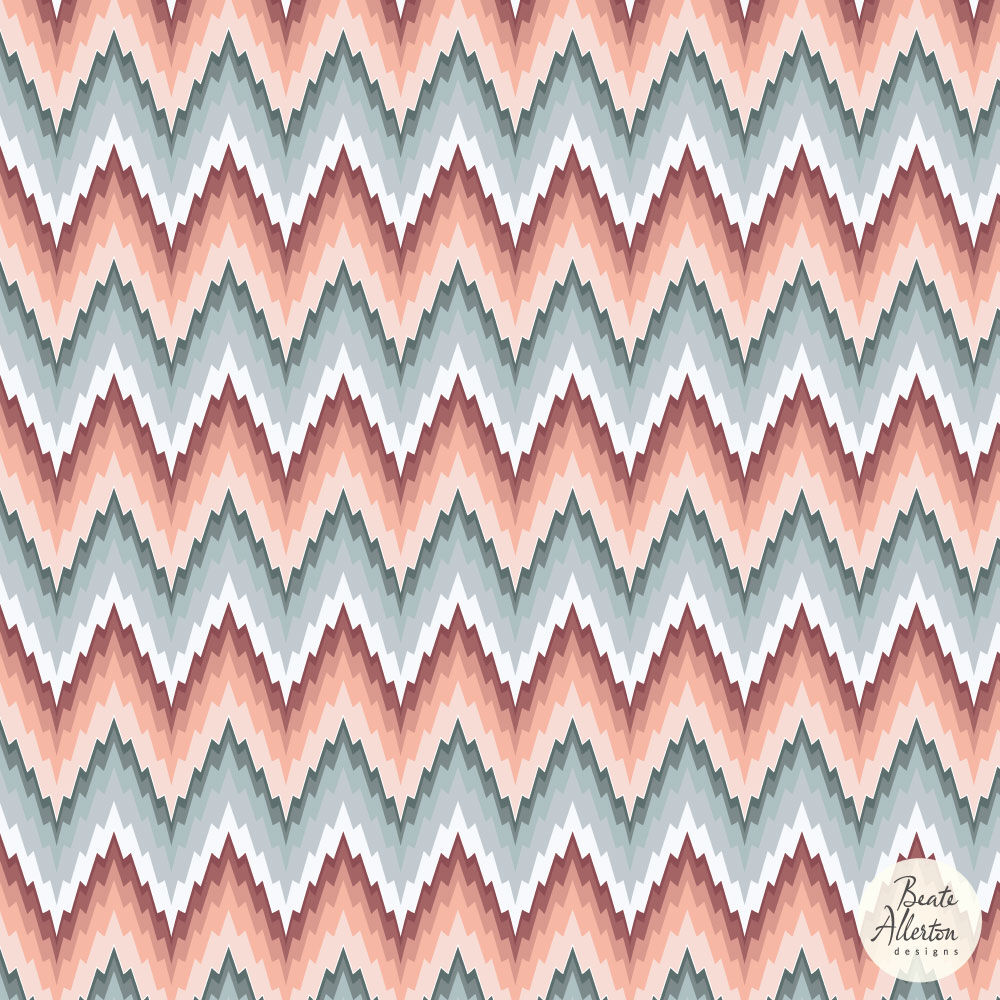 flamestitch repeat vector pattern, blue pink white chevron design, horizontal repeat available for art licensing