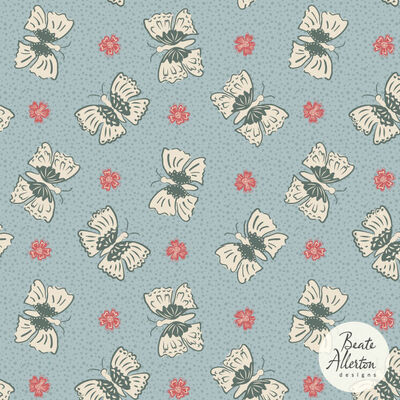 Simple hand-drawn blue cream white butterflies and red flowers seamless pattern for licensing