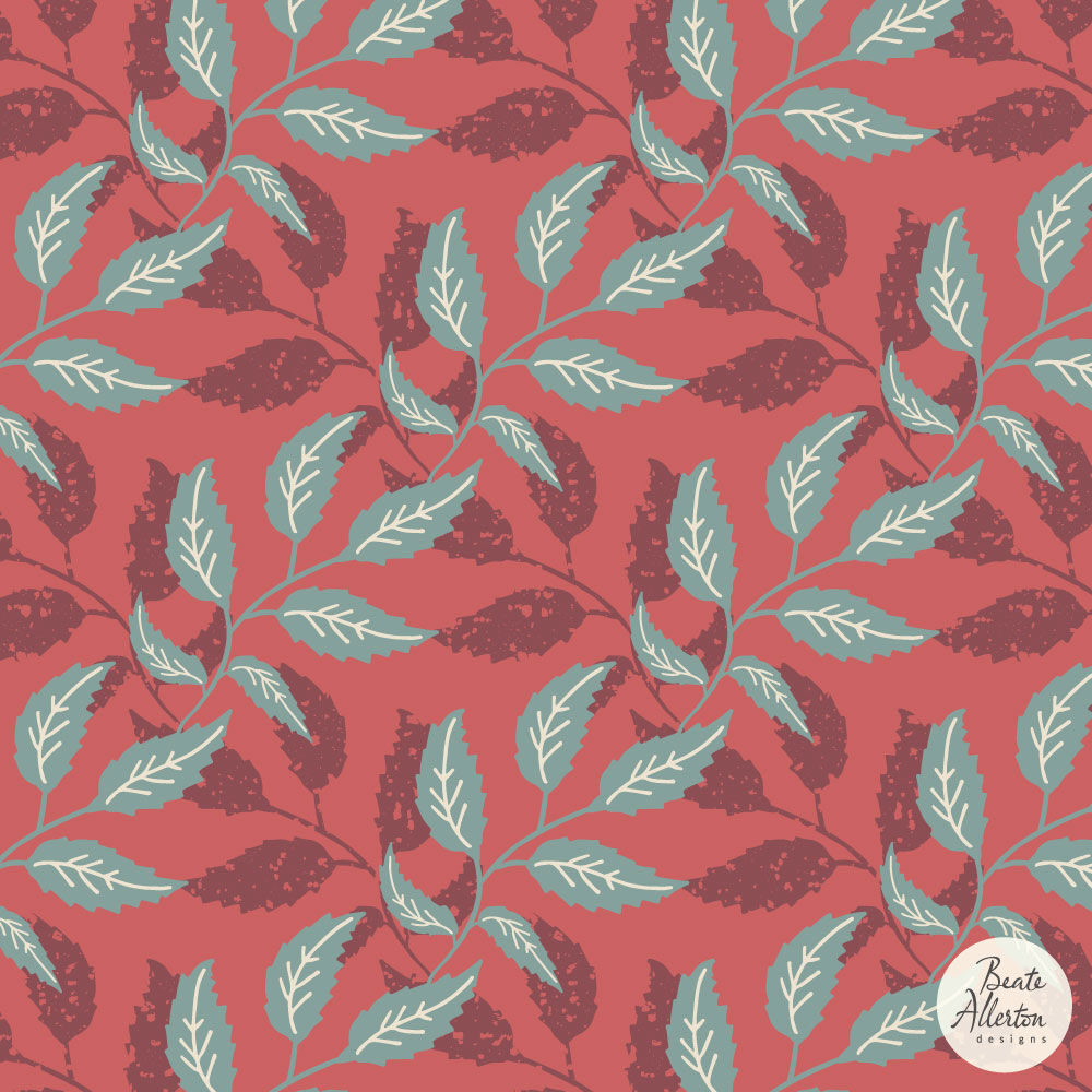Beautiful, elegant diagonal overlapping sprigs and leaves. Red Blue seamless pattern available for art licensing