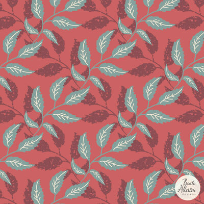 Beautiful, elegant diagonal overlapping sprigs and leaves. Red Blue seamless pattern available for art licensing