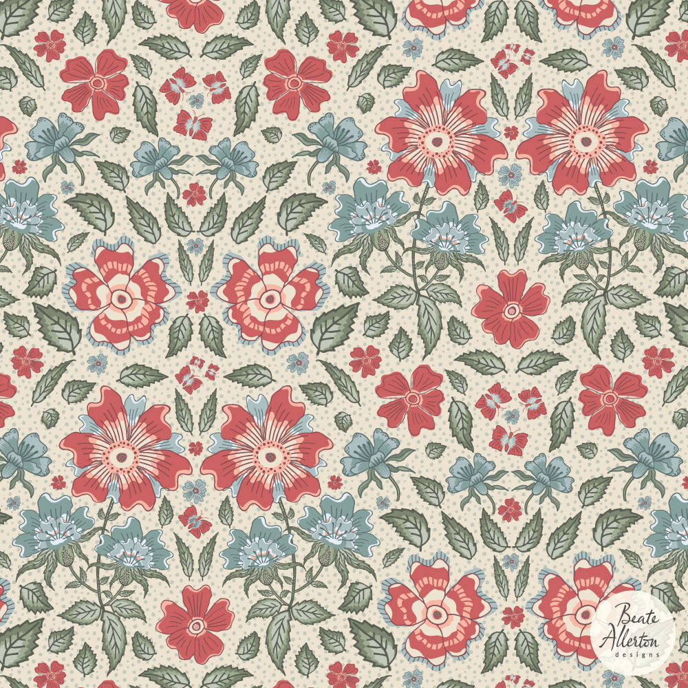 Indian Floral Inspired Red and Blue flowers, sense botanical seamless pattern for products and art licensing