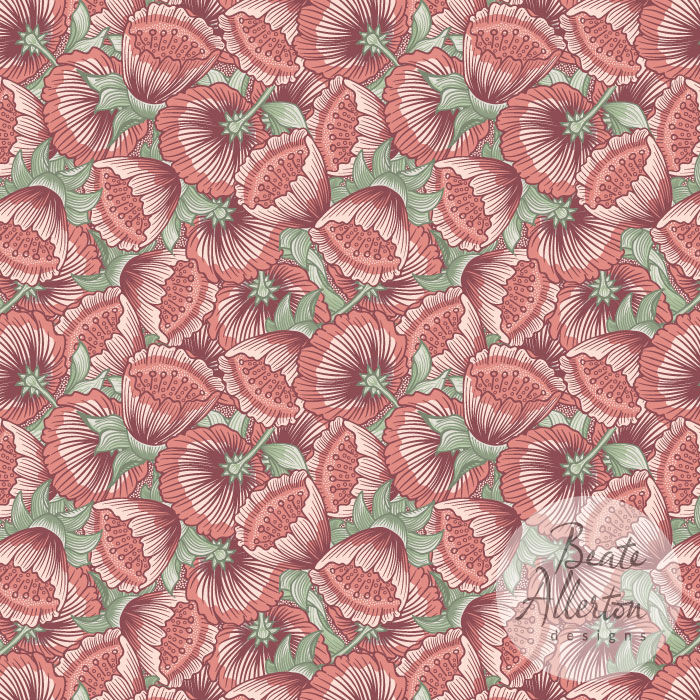 Pink red overlapping flower heads exuberant seamless vector pattern available for licensing