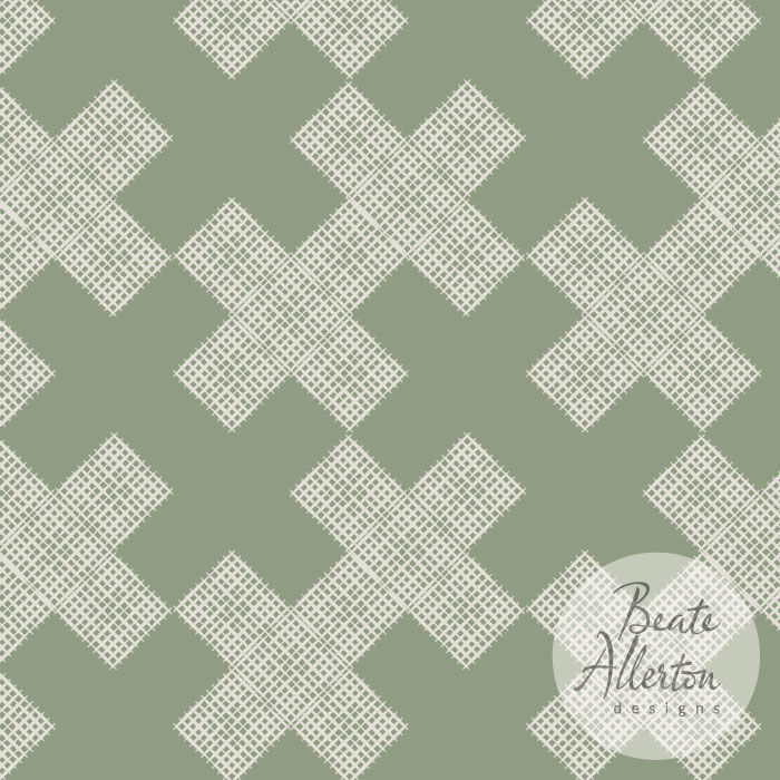 Tessellating diagonal waffle style cross green white seamless vector pattern, available for licensing