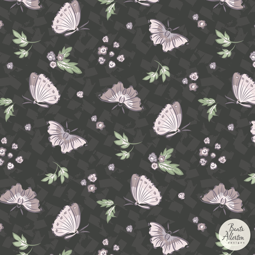 Thistle flowers and butterflies, pink white seamless pattern available for exclusive licensing