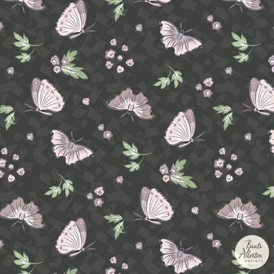 Thistle flowers and butterflies, pink white seamless pattern available for exclusive licensing