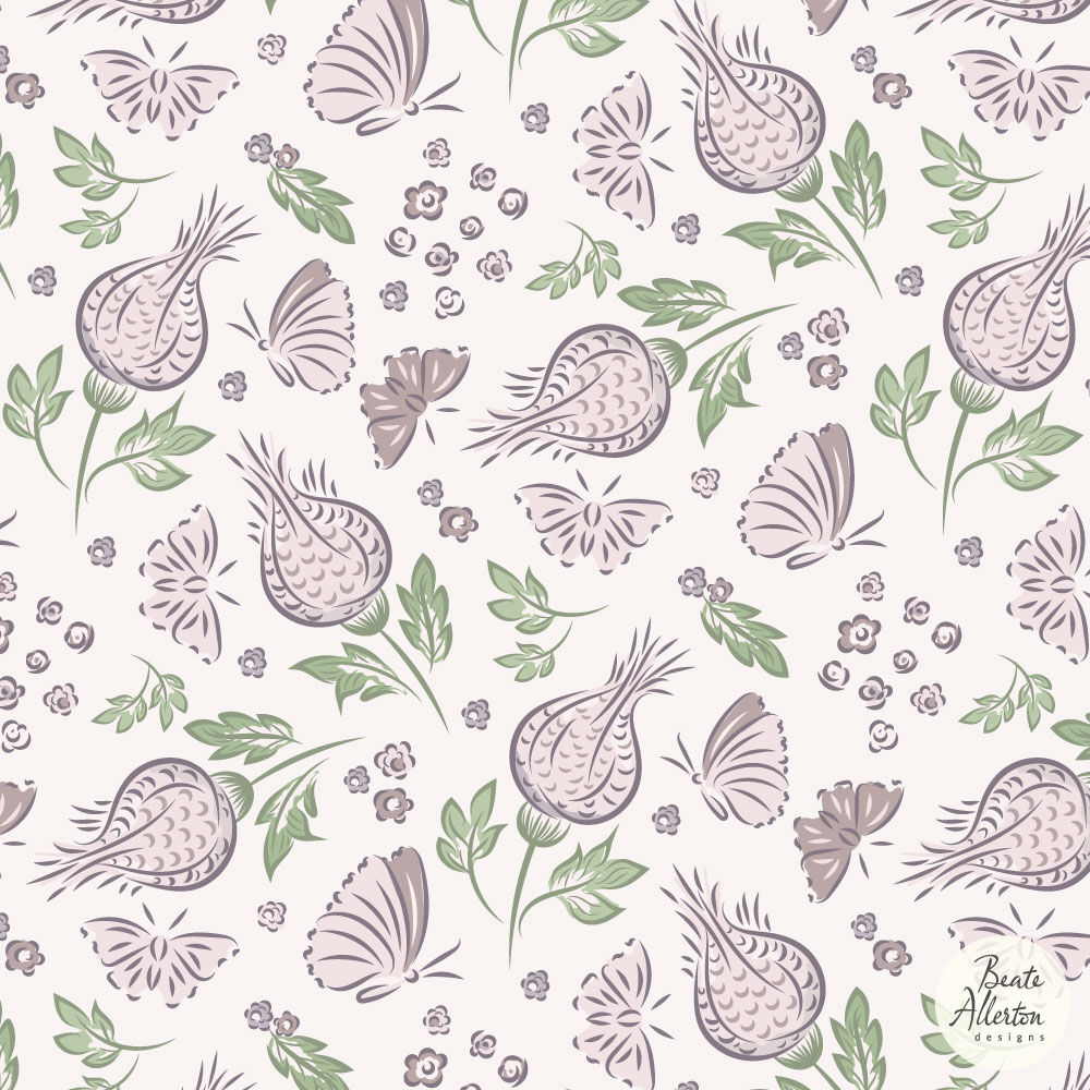 Scattered pastel thistle flowers and butterflies, pink white seamless pattern available for exclusive licensing