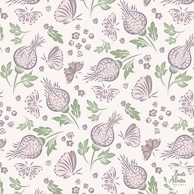 Scattered pastel thistle flowers and butterflies, pink white seamless pattern available for exclusive licensing