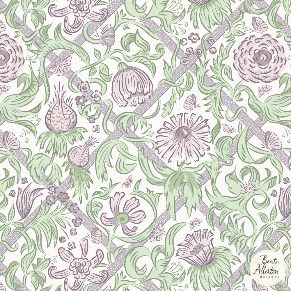 Intricate trellis seamless pattern with pastel green and pink flowers and leaves. Elegant historical style. Hand-drawn original art. Available for exclusive licensing for stationery, textiles, surface pattern.
