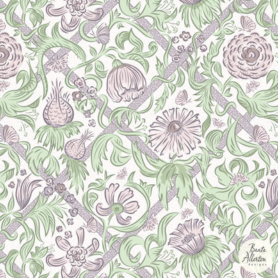 Intricate trellis seamless pattern with pastel green and pink flowers and leaves. Elegant historical style. Hand-drawn original art. Available for exclusive licensing for stationery, textiles, surface pattern.