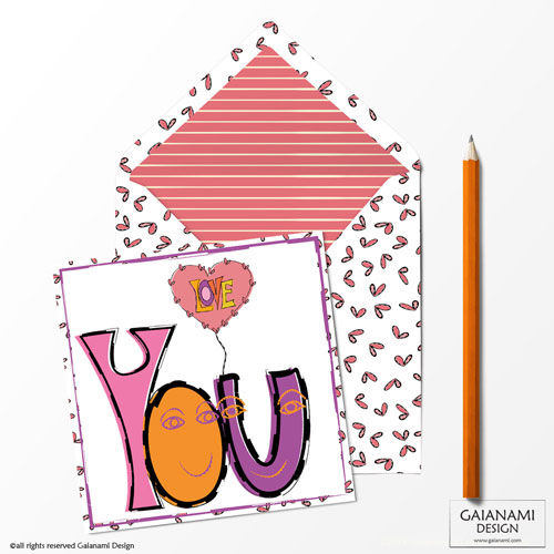'Love You' Funky Greeting Card in contemporary hand drawn style