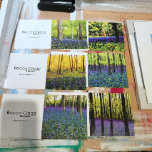 Pack of 6 cards notelets with a Bluebells theme bluebells woodland spring Becca Clegg painting chantry wood Guildford Surrey