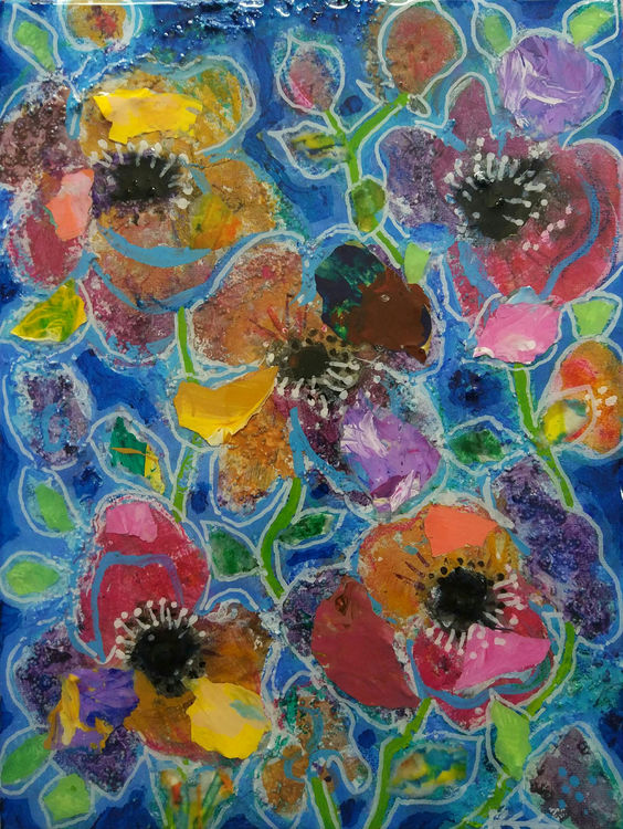 mixed media anemone painting by Bee Skelton