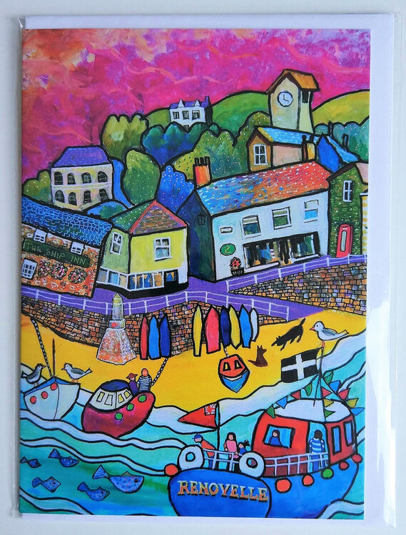 Blank greeting card Mousehole Harbour from original painting by Bee Skelton