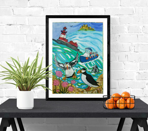 Puffin painting original with Longstone lighhouse and Bamburgh Castle, Farne Islands