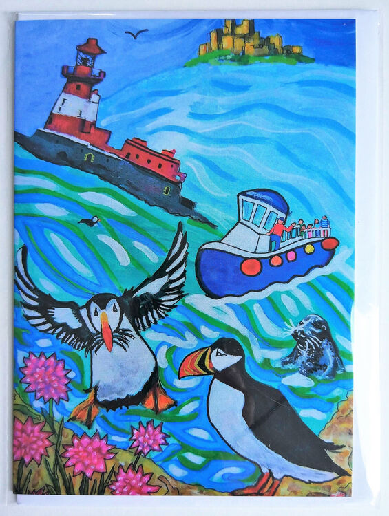 Blank greeting card puffins Farne Islands Longstone Lighthouse Bamburgh Castle seals sea boat trip