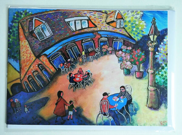 Blank greeting card Satollo Cafe Flower Studio Marlow from original painting by Bee Skelton