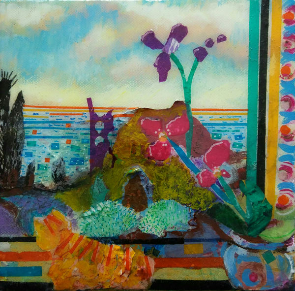 mixed media painting by Bee Skelton, Cornish tin mine, Cornwall coast, window view, collage on canvas with resin surface.