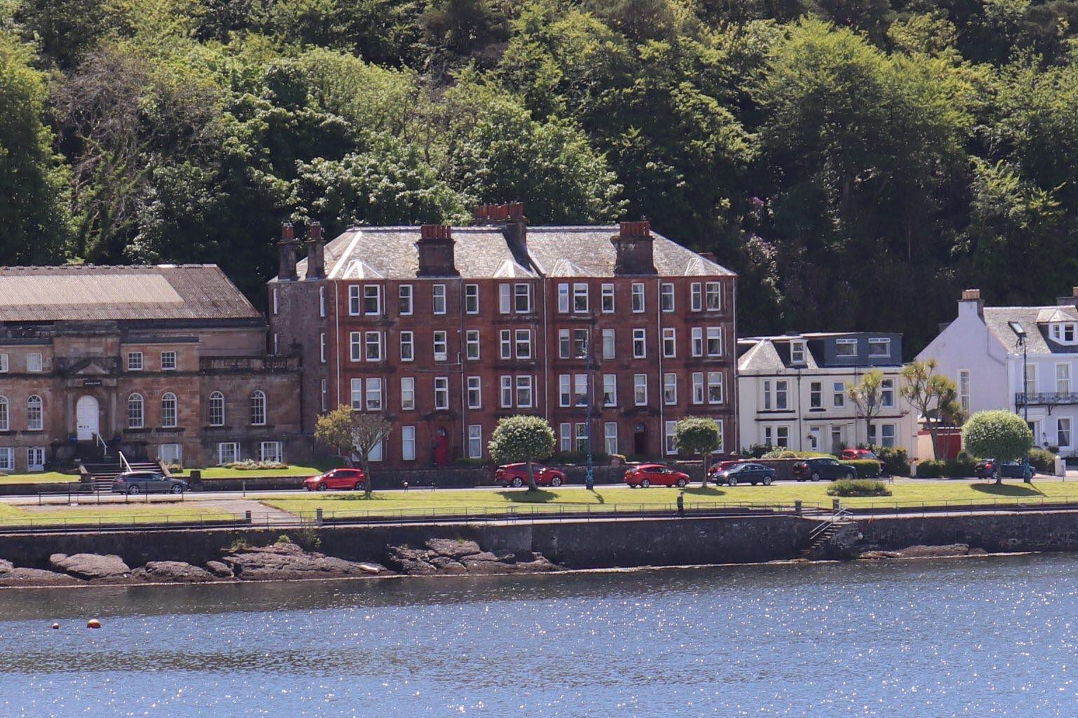 The view of Bellevue Bute from the sea coming into Rothesay ferry terminal