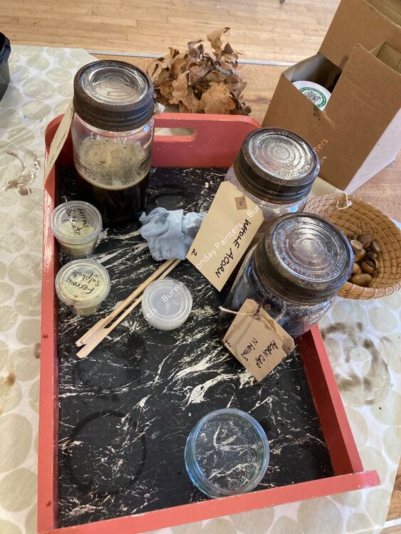 Paint/Dye made from 1) Acorn Caps 2) Acorn Caps and added Ferrous Sulphate 3) Whole Acorns