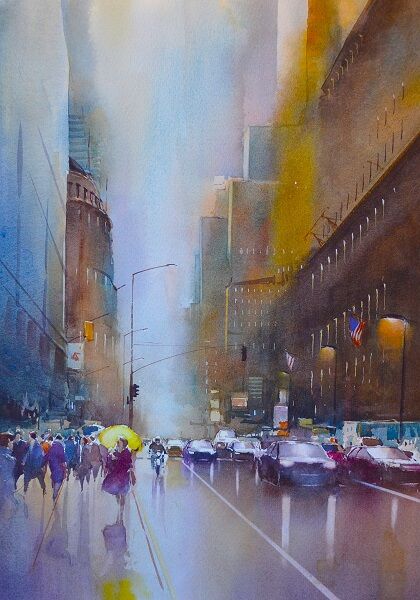 A Wet Evening in Manhattan (Watercolour) 42x34cm