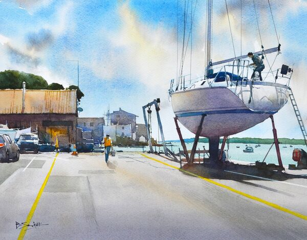On the Quay, Topsham (Watercolour) 34x42cm