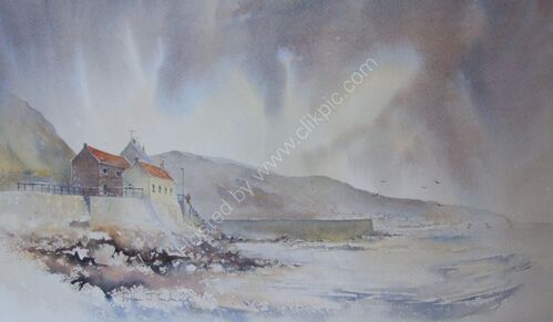 A View of the sea defence wall and Old Lobster House at Burnmouth.